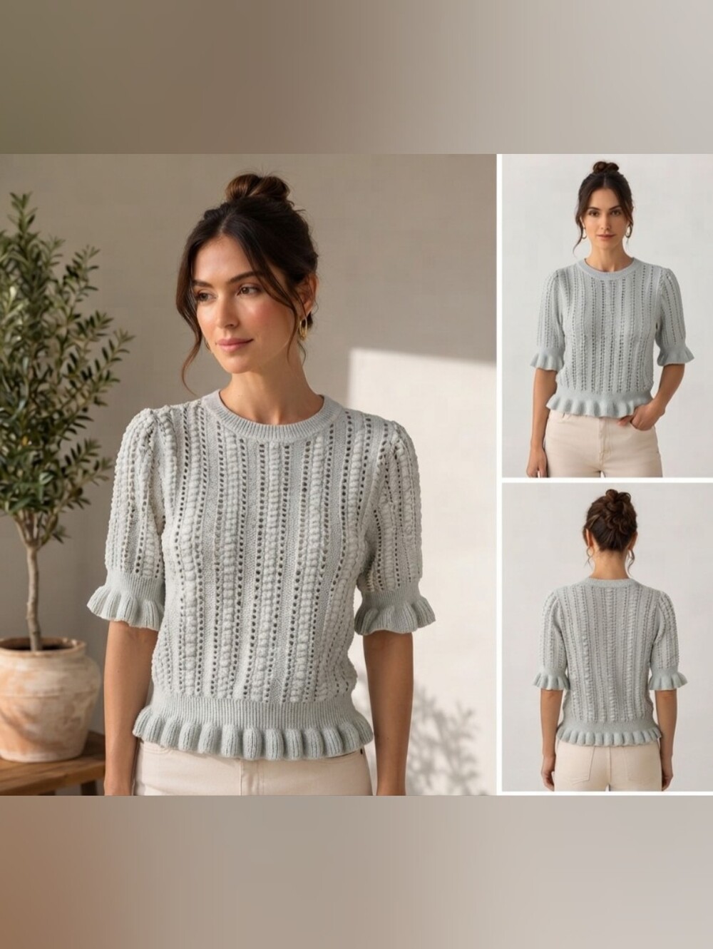 J. Jill Light Green Sage Open-Knit Ruffle-Hem Crewneck Sweater